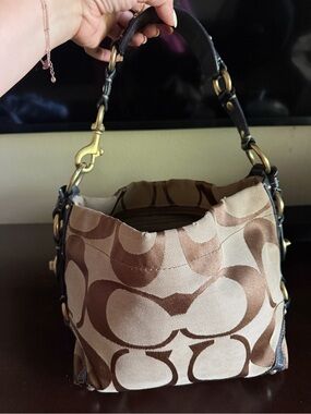 Coach Signature Canvas Shoulder Bag in Brown and Cream